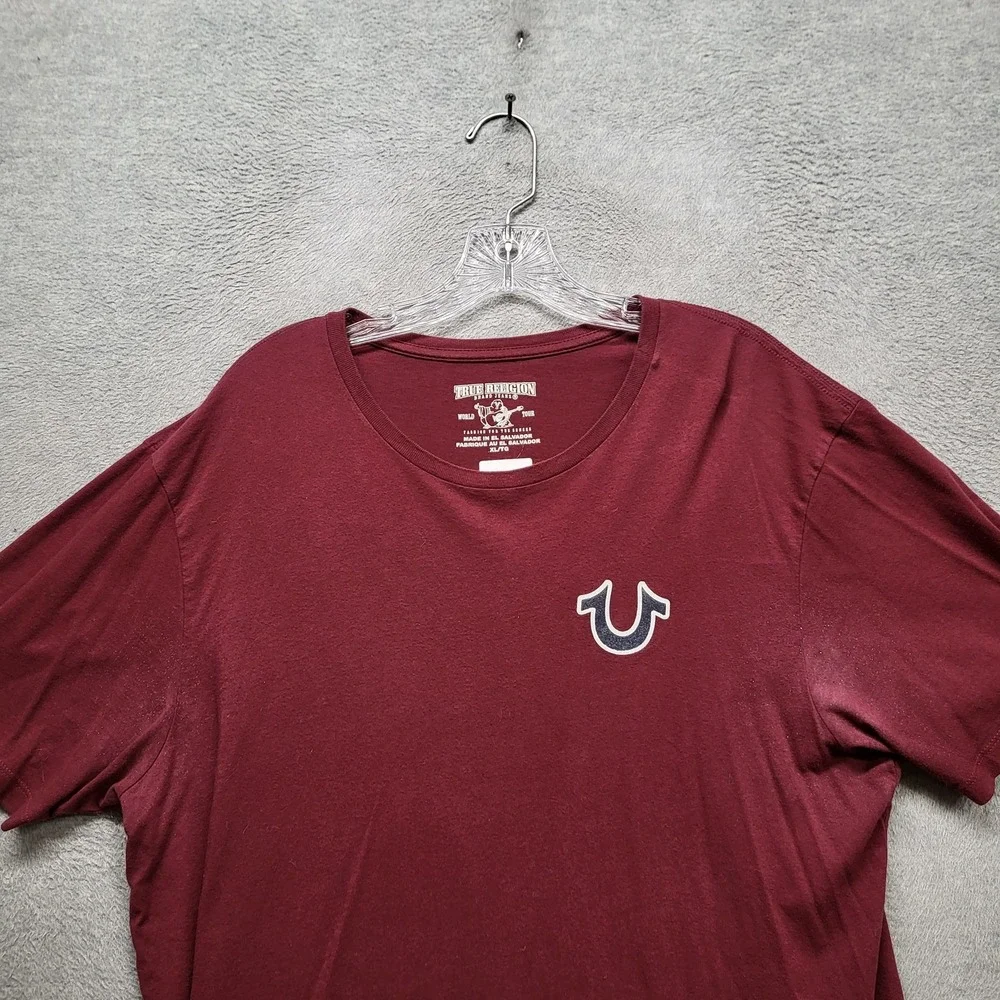 True Religion Men Shirt XL Burgundy Buddha Guitar Logo Graphic Print Short